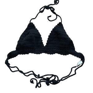 Black Crochet Whimsigoth Hippie Festival Knit Halter Neck Crop Bra Top - Size M